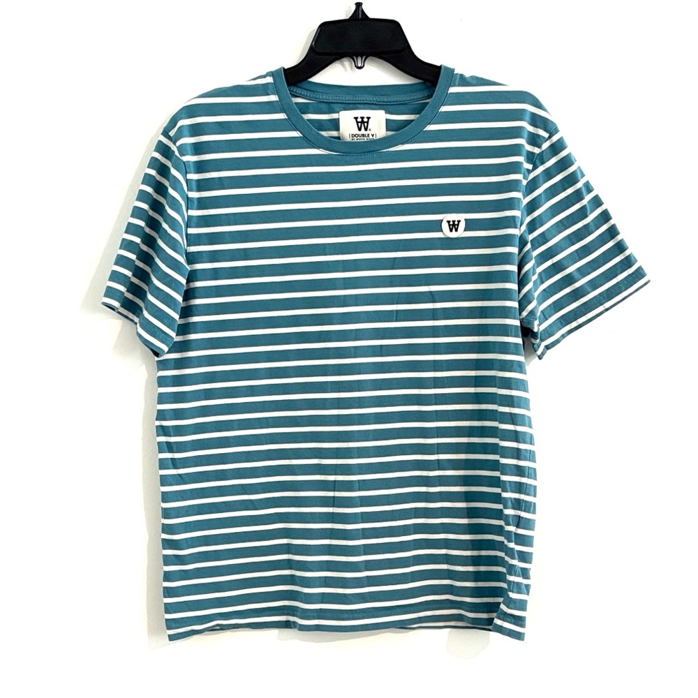 Wood Wood Size M Teal and White Striped 100% Cotton Tee